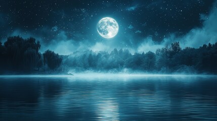 Full moon over misty lake and forest.
