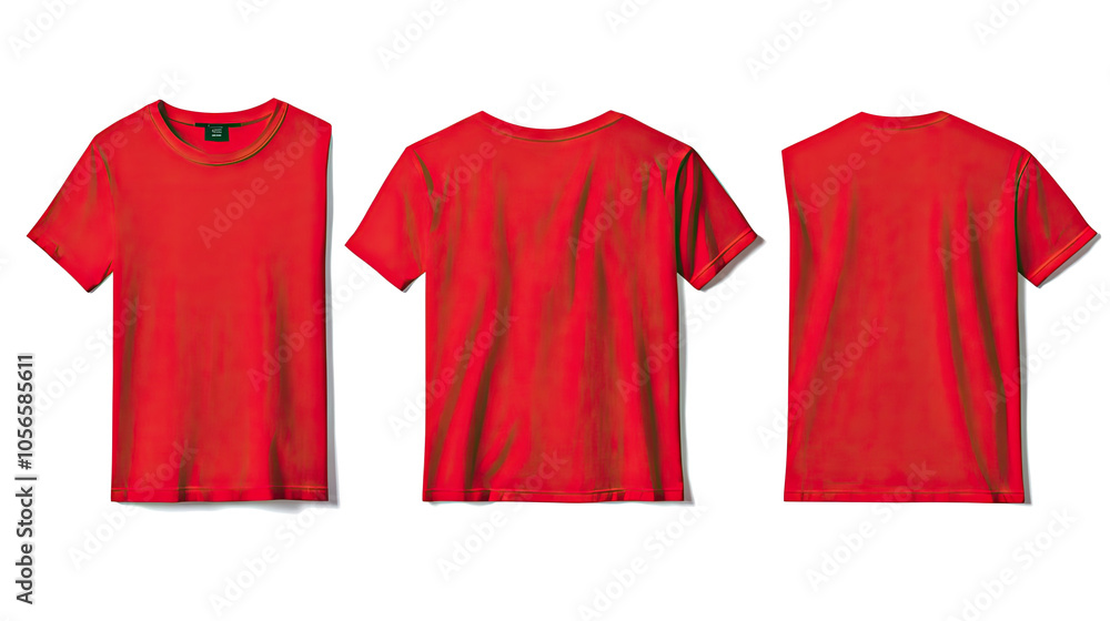 Poster front and back views of plain red t shirts on transparent background generative ai