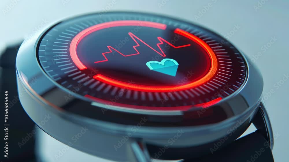 Poster smartwatch displaying heart rate monitoring with vibrant red and black design