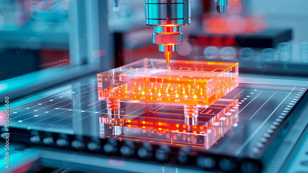 Poster close-up view of a high-tech laser cutting machine working on a transparent material