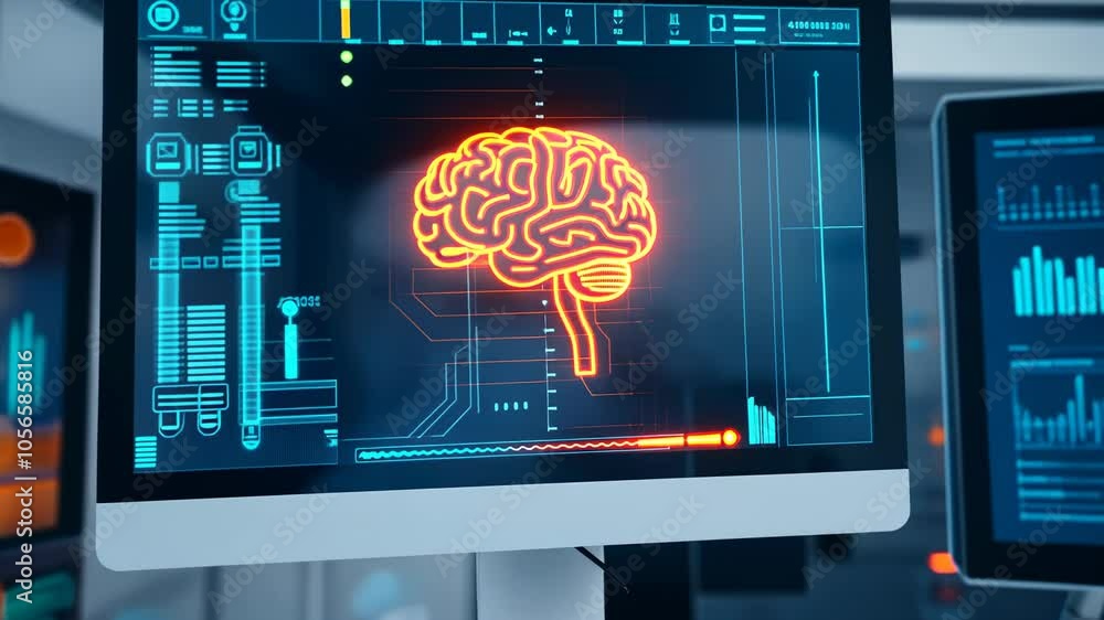 Poster futuristic technology display a glowing brain illustration artificial intelligence and data analysis