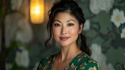 Fototapeta premium Elegant Portrait of a Woman in Floral Dress with Soft Lighting