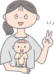 ピースをする女性と赤ちゃん