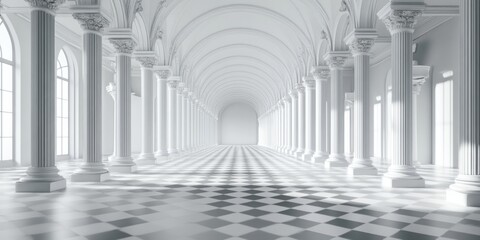 Empty Room with Columns and Checkered Floor