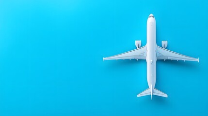 Flat lay design of travel concept with plane on blue background with copy space. 