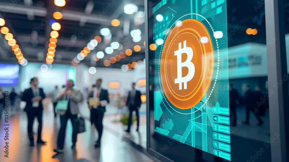 Poster a close-up view of a bitcoin symbol on a digital display at a bustling technology exhibition