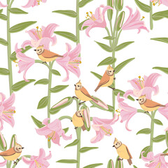 seamless pattern with pink lilies and crested tits, vector drawing flowers and birds at white background, hand drawn botanical illustration