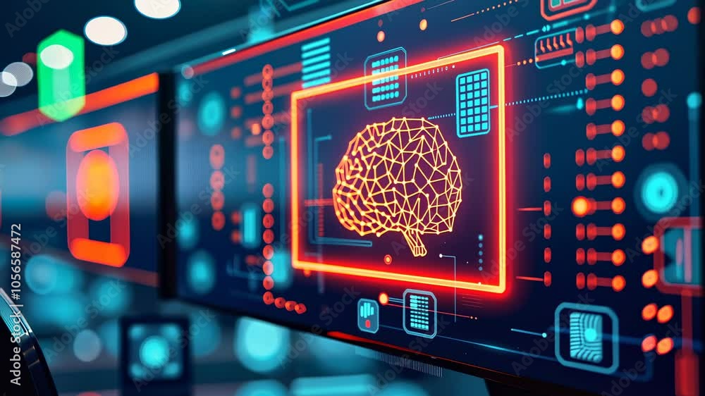 Poster a vibrant display of a digital brain on a monitor, artificial intelligence and innovative technology