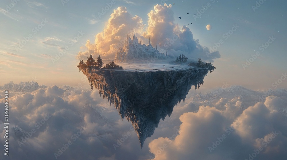 Poster a lone figure stands on a floating island with a mountain range and trees, surrounded by clouds in a