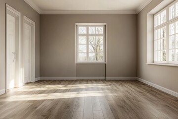 Obraz premium Sunlit empty room with large windows, wooden flooring, and neutral walls, perfect for interior design or real estate purposes.