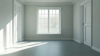 Fototapeta premium A large, empty room with a large window and white doors