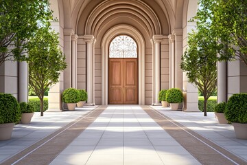Fototapeta premium Grand Arched Entryway with Wooden Door and Surrounding Greenery