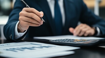 Fototapeta premium A professional individual is calculating financial data with a calculator and reviewing documents on a desk.