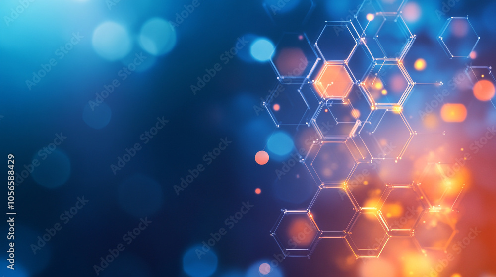Poster abstract hexagonal pattern with glowing elements on a blurred blue background at night