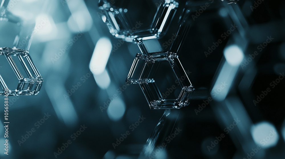 Poster molecular structures glowing in blue light showcase intricate hexagonal arrangements