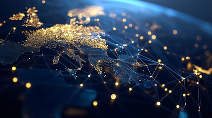 A detailed view of Europe at night, showcasing illuminated cities interconnected by bright lines, symbolizing global connectivity and technology.