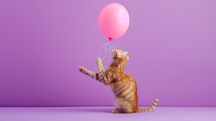 Cat pawing at a bouncing balloon on pruple background