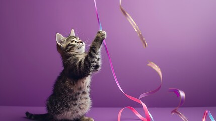 Cat pawing at a ribbon on a stick on pruple background