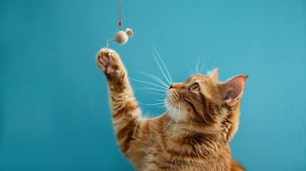 Cat pawing at a toy mouse on a string on blue background