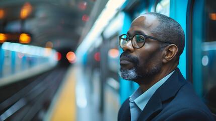 mature african american businessman waiting on a subway platformo