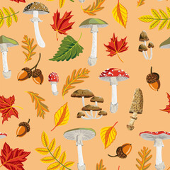 vector drawing seamless pattern with poisonus mushrooms, autumn tree leaves and oak acorns , forest background, hand drawn botanical illustration