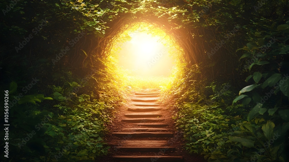 Poster illuminated pathway through verdant forest symbolizing vision and purpose