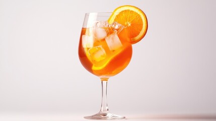 Juice and orange slices in a glass against a white background