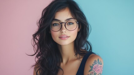 Fototapeta premium A stylish young woman showcasing her floral tattoos and glasses smiles warmly at the camera while standing in a sunlit interior. The atmosphere is inviting and relaxed.