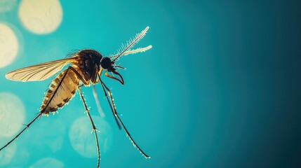 Close up of a mosquito against a blue background featuring empty space for text