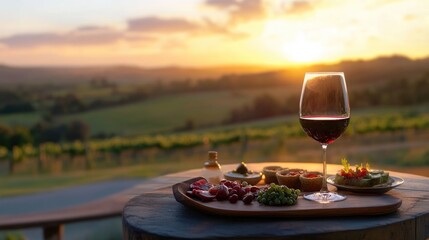 Naklejka premium Glass of red wine accompanied by appetizers with a scenic countryside view during sunset