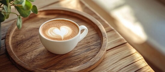 Coffee Heart Shape Coffee In The White Coffee Cup On The Brown Tray Is On The Natural Wooden Table