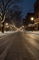 Fototapeta premium Winter city street at night with fresh snow covering the pavement, soft yellow streetlights casting a warm glow, and empty sidewalks creating a quiet, peaceful urban winter scene.