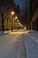 Winter city street at night with fresh snow covering the pavement, soft yellow streetlights casting a warm glow, and empty sidewalks creating a quiet, peaceful urban winter scene.