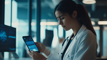 Female healthcare professional analyzing patient data on smartphone in modern clinic setting