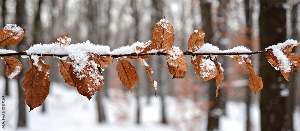 Poster a branch with autumn dried leaves covered with snow on the background of trees in the forest