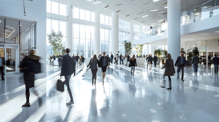Modern office interior with busy business people walking around