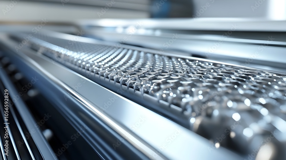 Poster close-up view of metallic car engine cooling radiator with intricate fin pattern