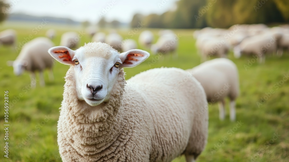 Poster sheep grazing in a meadow with one sheep facing the camera while the rest of the herd is visible in 