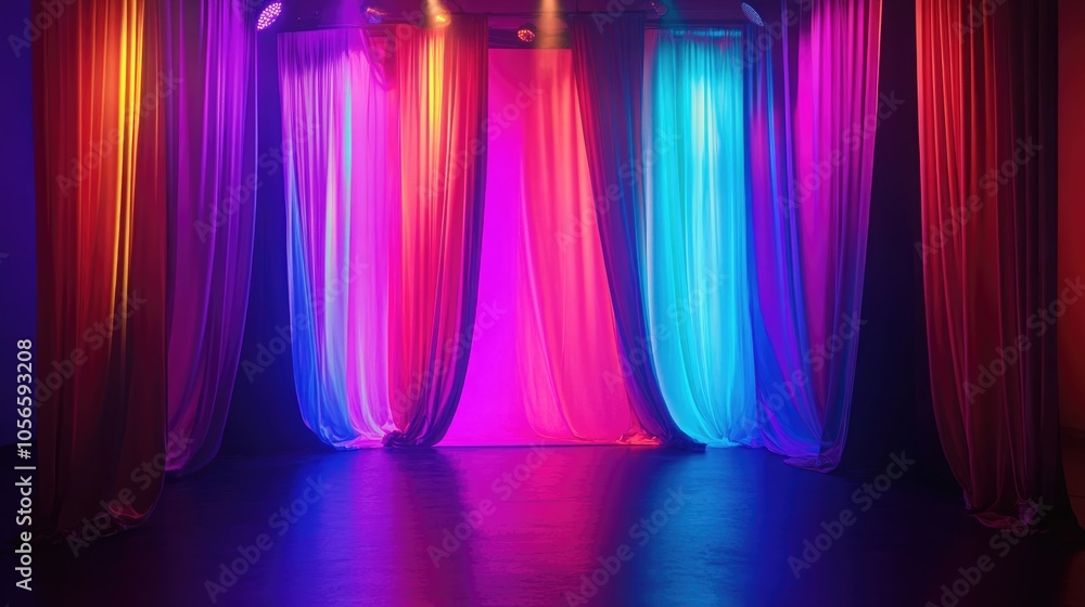 Poster vibrant stage setup featuring illuminated lights and curtains perfect for a festive atmosphere with 