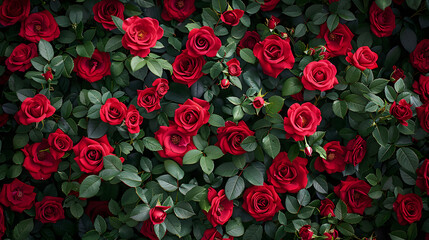 Natural fresh red roses flowers pattern wallpaper. top view, Red rose flower wall background