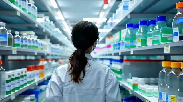 A pharmacist in a white coat reviews shelves filled with various medicine bottles in a modern pharmacy environment.