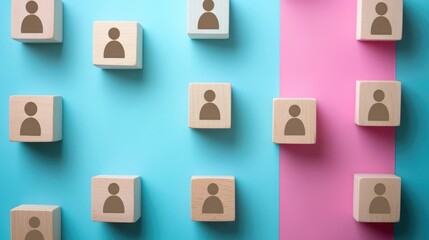 Team building concept illustrated with wooden blocks and people icons on a vibrant blue and pink backdrop representing human resources and management themes