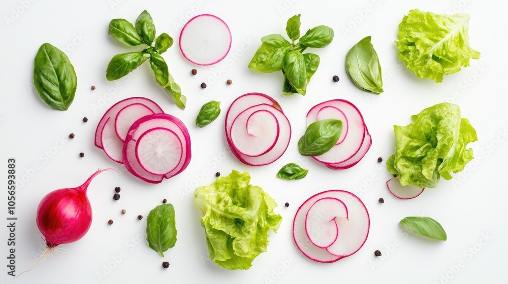 Poster sliced onion radish basil and lettuce arranged in a top view on a white background