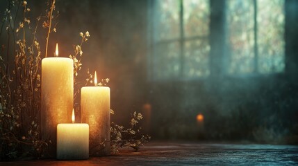 Photorealistic background for All Saints Day or All Souls Day featuring candles and soft tones providing ample space for text