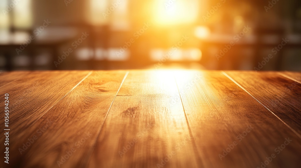 Poster smooth brown wooden table with a polished surface featuring a blurred background enhanced by sunligh