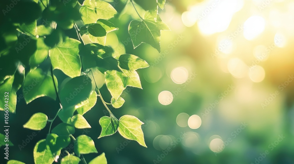 Poster vibrant green leaves illuminated by sunlight set against a gentle bokeh backdrop creating a serene a