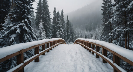 A cozy wooden bridge covered in fresh snow, with snow-capped pine trees surrounding it and a faint mist in the background, giving a magical, storybook winter feel.