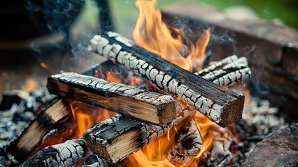 Firewood Burns In A Fire Charred Sticks Homemade Barbecue Made Of Bricks