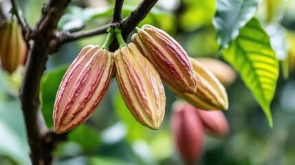 Close up of cacao blossoms on a cocoa tree