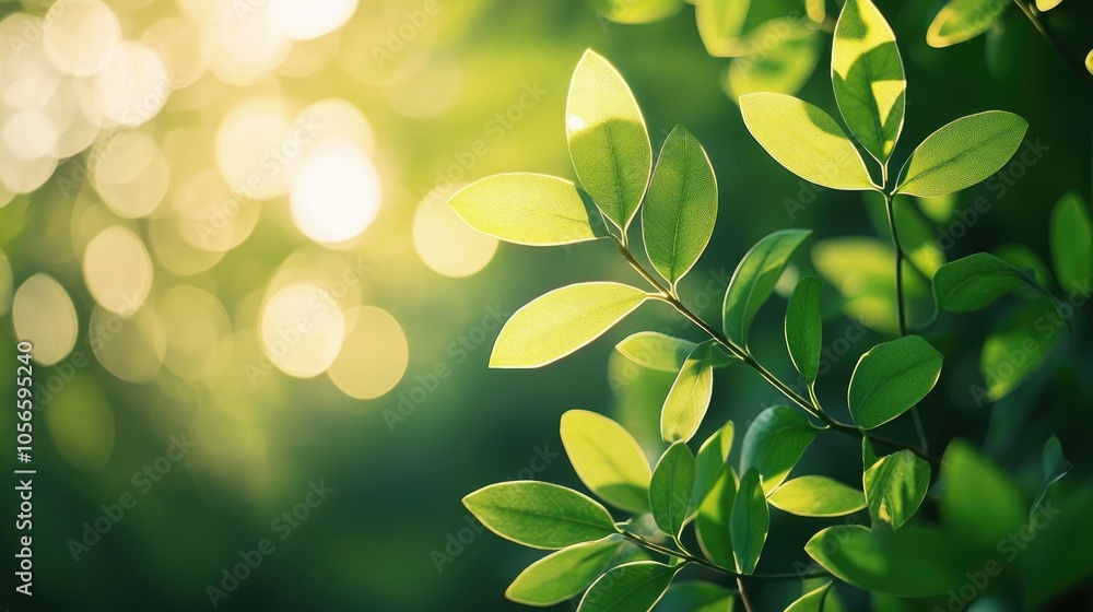 Poster vibrant green leaves illuminated by sunlight set against a gentle bokeh backdrop creating a serene a